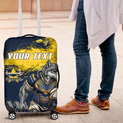 Personalised North Queensland Cowboys Rugby Luggage Cover Wolf Mascot - Sporty Splash Art Style TS04