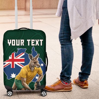 Personalized Kookaburras Field Hockey Kangaroo Luggage Cover Australian Flag Map With Abstract Green And Gold Wave Pattern TS04