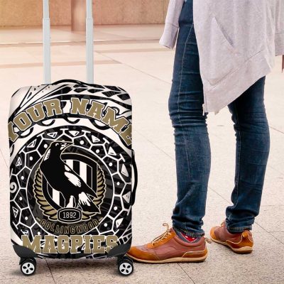 Personalized Collingwood Magpies Polynesian Luggage Cover Tribal Chest and Sleeve Tattoo Heritage Warrior TS04