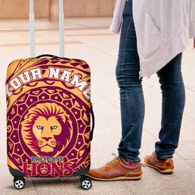 Personalized Brisbane Lions Polynesian Luggage Cover Tribal Chest and Sleeve Tattoo Heritage Warrior TS04