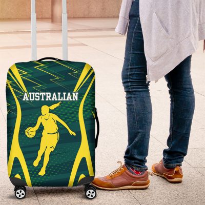 Australian Opals Basketball Luggage Cover Iconic Green And Gold Silhouette With Sharp Abstract Graphics TS04