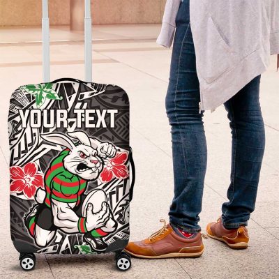 Personalised South Sydney Rabbitohs Luggage Cover Polynesian Tribal Pattern With Rugby Rabbit Mascot Art TS04
