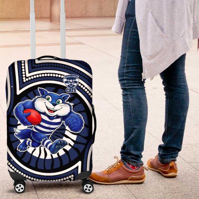 Geelong Cats Luggage Cover Indigenous Monochrome Dot Art Mascot Style TS04