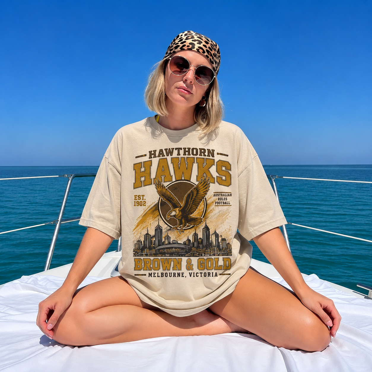 Vintage Hawthorn Hawks Brown and gold graphic tshirt for footy fans Vintage Hawthorn Hawks Brown and gold graphic tshirt for footy fans