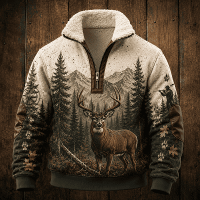 Hunting Whitetail Deer Fleece Half-Zip Stand Collar Long Sleeve