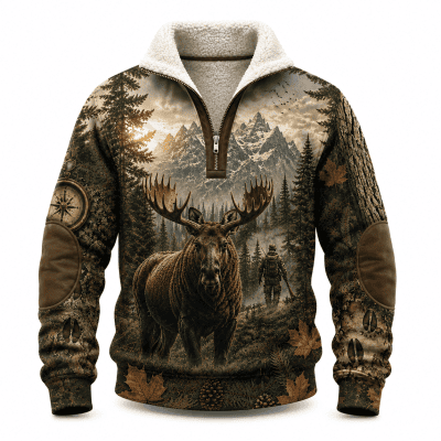 Moose Hunting Sherpa Half Zip Fleece Jacket, Rocky Mountain Wilderness Pullover, Hunter Outdoor Quarter Zip