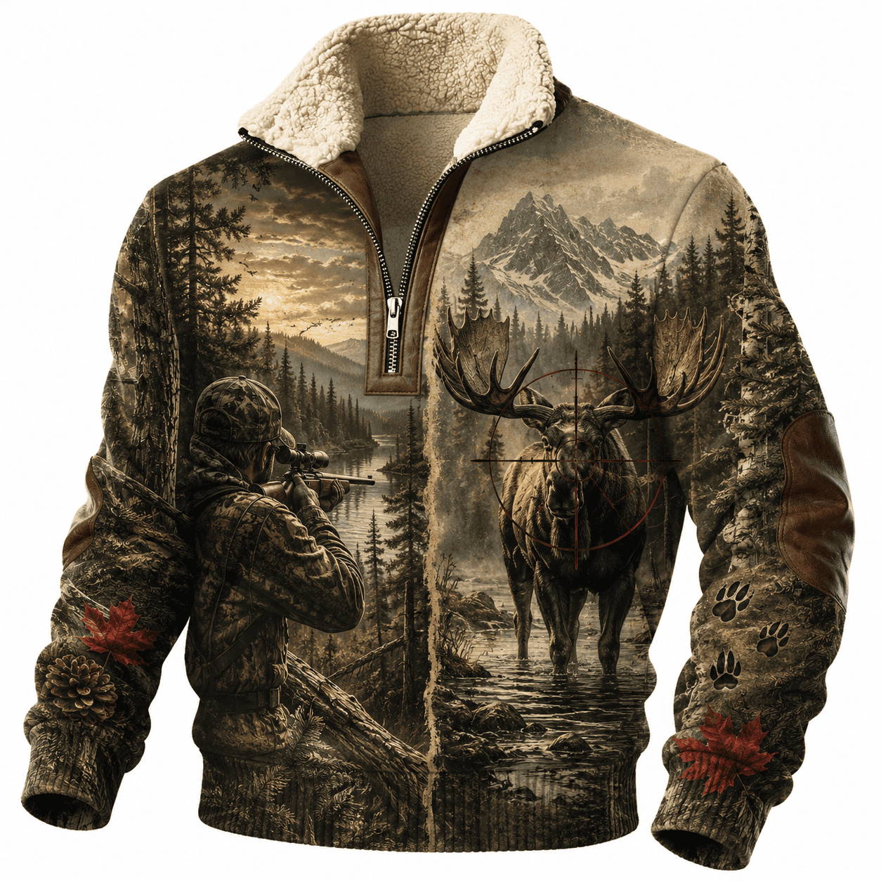 Whitetail & Moose Hunting Sherpa Fleece Jacket Hunter Outdoor Quarter Zip Whitetail & Moose Hunting Sherpa Fleece Jacket Hunter Outdoor Quarter Zip