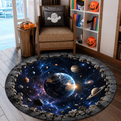 Round Rug Earth & Planets Cosmic Illusion halloween Floor Mat for Living Room & Bedroom