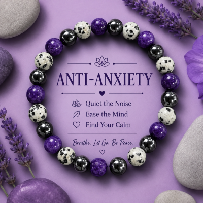 Anty Anxiety Purple Beaded Bracelet, Boho Black & Dalmatian Pattern for Women