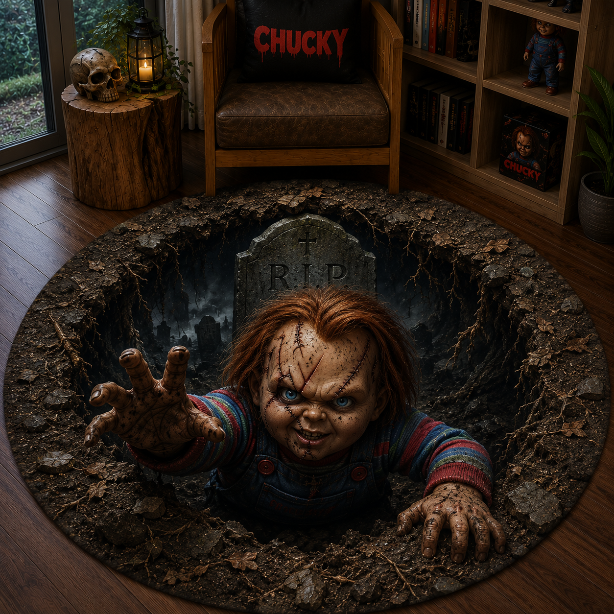 Round rug Chucky Horror Illusion halloween Floor Mat for Living Room & Bedroom Round rug Chucky Horror Illusion halloween Floor Mat for Living Room & Bedroom