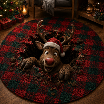 Round rug Cheerful reindeer Illusion Xmas Floor Mat for Christmas
