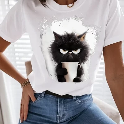 Lovely Cat Paw Heart Print T-Shirt For Women