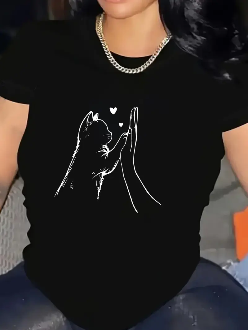 Lovely Cat Paw Heart Print T-Shirt For Women Lovely Cat Paw Heart Print T-Shirt For Women