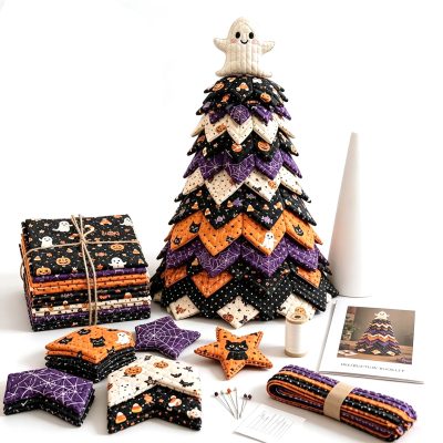 Vintage Black Cat Halloween Quilted Fabric Tree