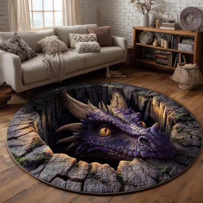 Round Rug Fantasy Dragon Cave Illusion Floor Mat for Living Room & Bedroom