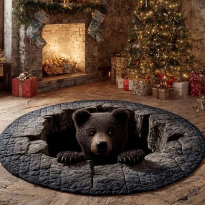 Round rug Bear Cave Illusion Floor Mat for Living Room & Bedroom