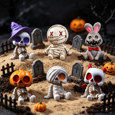 6pcs Halloween Resin Skeleton Mummy Figurines Mini Statues for DIY Micro Landscape Bonsai Car Desk Decor