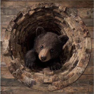Round rug Bear Cave Illusion Floor Mat for Living Room & Bedroom