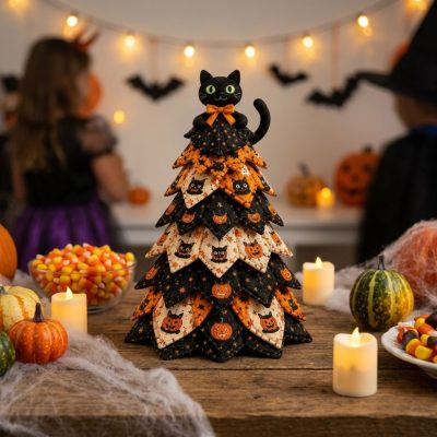 Vintage Black Cat Halloween Quilted Fabric Tree