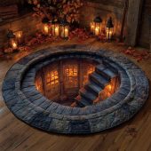 Round rug Lantern Library Spiral Stairs Illusion Floor Mat for Living Room & Bedroom
