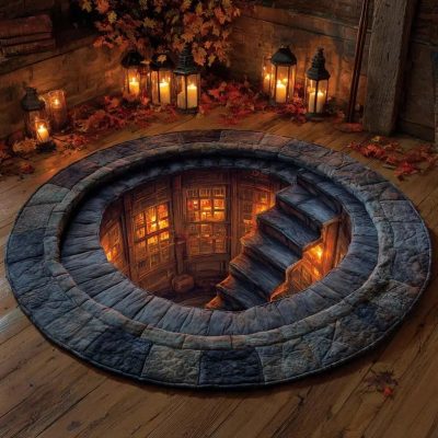 Round rug Lantern Library Spiral Stairs Illusion Floor Mat for Living Room & Bedroom
