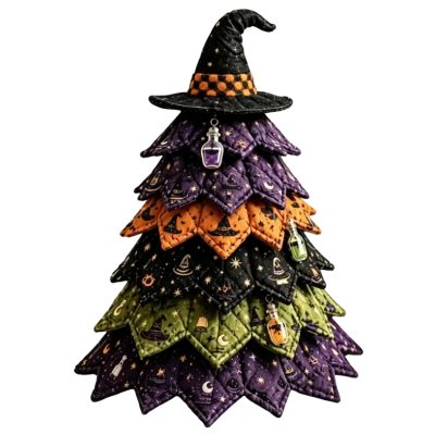 Vintage Black Cat Halloween Quilted Fabric Tree