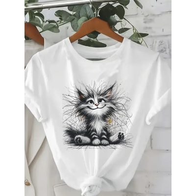 Art Kawaii Fuzzy Cat  T-Shirt For Women