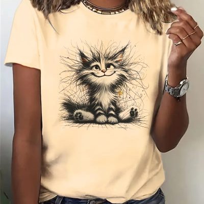 Lovely Cat Paw Heart Print T-Shirt For Women