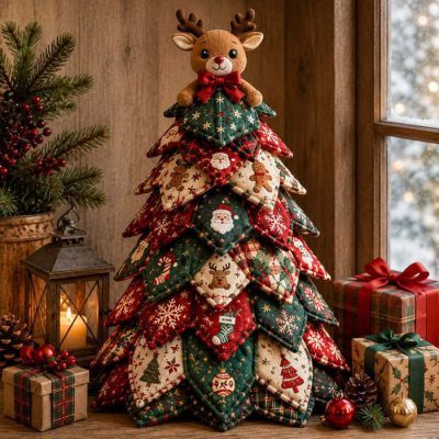 Quilted Fabric Tree Christmas Reindeer Decor Quilted Fabric Tree Christmas Reindeer Decor