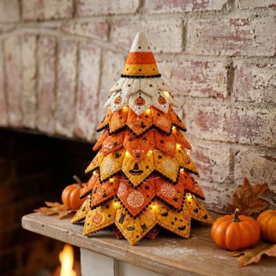 Vintage Black Cat Halloween Quilted Fabric Tree