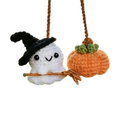 Halloween Crochet Ghost and pumpkin Car Hanging Handmade Mini Knitting Ornament