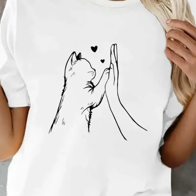 Lovely Cat Paw Heart Print T-Shirt For Women