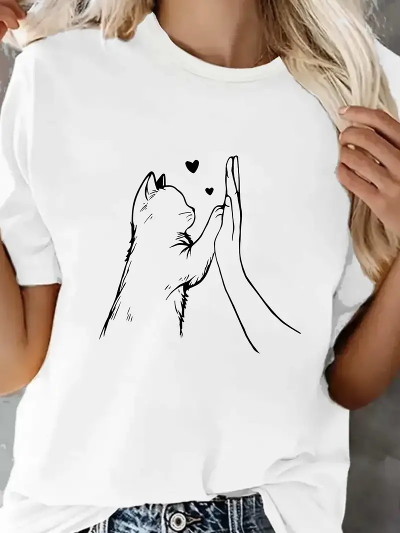 Lovely Cat Paw Heart Print T-Shirt For Women Lovely Cat Paw Heart Print T-Shirt For Women
