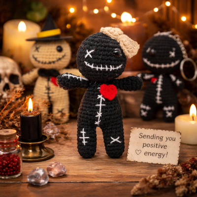 Crochet Voodoo Doll Black Character Knitted Heart Ornament with Cute Stitch Details, Mini Desk Decor Crochet Voodoo Doll Black Character Knitted Heart Ornament with Cute Stitch Details, Mini Desk Decor