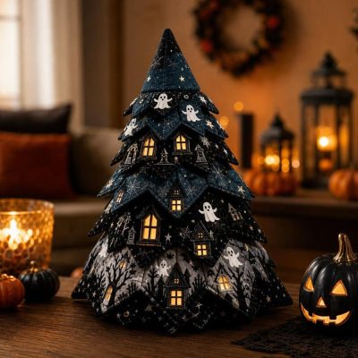 Vintage Black Cat Halloween Quilted Fabric Tree