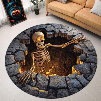 Round Rug Black Hole Illusion Floor Mat for Living Room & Bedroom Round Rug Skeleton Spooky Illusion Funny Halloween Floor Mat for Living Room & Bedroom