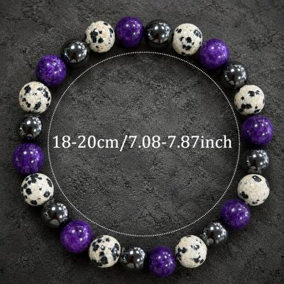 Anty Anxiety Purple Beaded Bracelet, Boho Black & Dalmatian Pattern for Women
