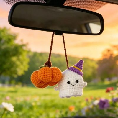 Halloween Crochet Ghost and pumpkin Car Hanging Handmade Mini Knitting Ornament