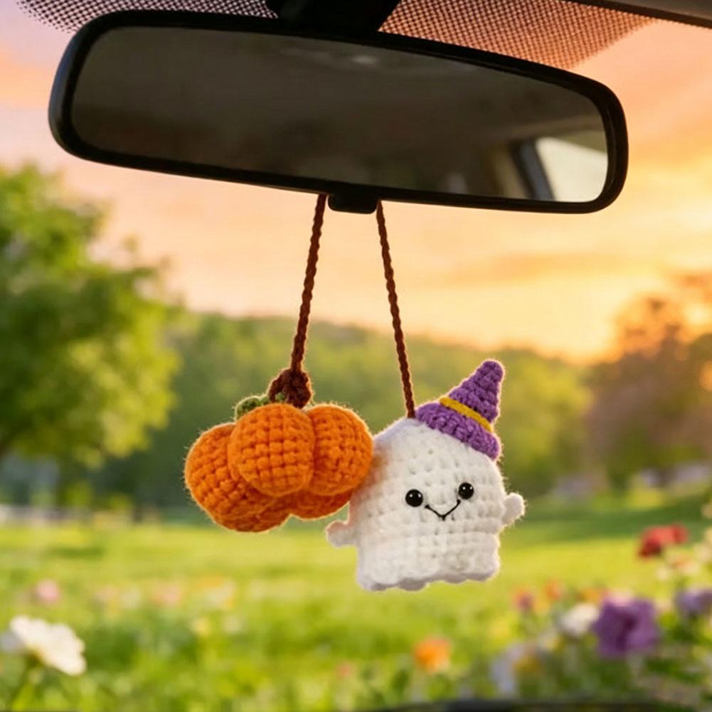 Halloween Crochet Ghost and pumpkin Car Hanging Handmade Mini Knitting Ornament Halloween Crochet Ghost and pumpkin Car Hanging Handmade Mini Knitting Ornament