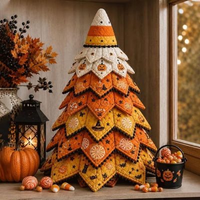 Vintage Black Cat Halloween Quilted Fabric Tree