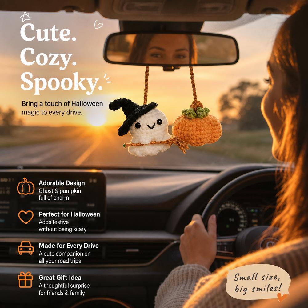 Halloween Crochet pumpkin and ghost Car Hanging Handmade Mini Knitting Ornament Halloween Crochet pumpkin and ghost Car Hanging Handmade Mini Knitting Ornament