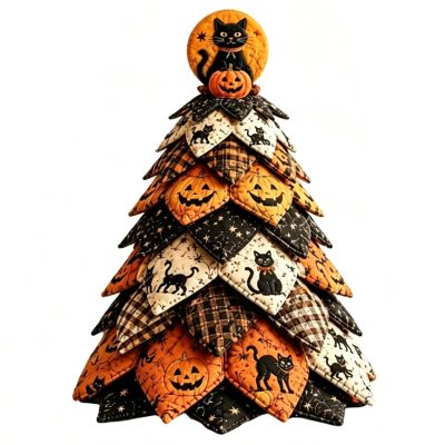 Vintage Black Cat Halloween Quilted Fabric Tree