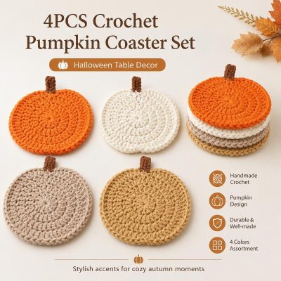4PCS Crochet Pumpkin Coasters – Handmade Fall Halloween Coasters for Coffee Mugs & Cups