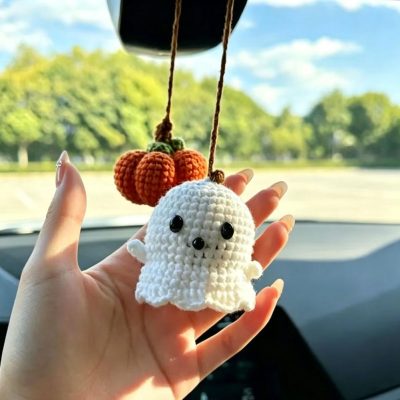 Halloween Crochet Ghost and pumpkin Car Hanging Handmade Mini Knitting Ornament