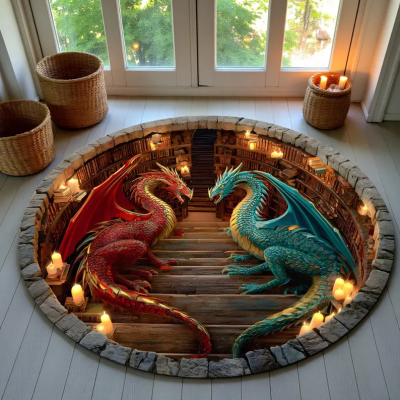 Round Rug Fantasy Dragon Book Illusion Mythical Creature Floor Mat for Living Room & Bedroom