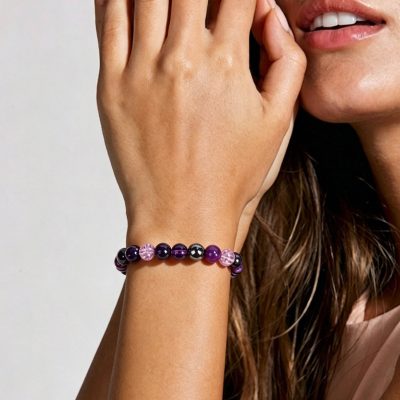 Handmade Natural Stone Beaded Bracelet, Purple Striped Agate & Hematite Gemstone Jewelry for Women, Luxury Stretch Bracelet, Good Luck Gift