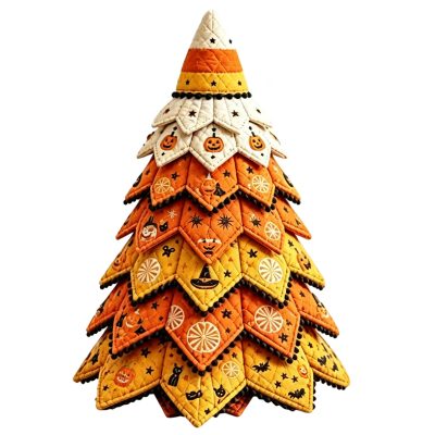 Vintage Black Cat Halloween Quilted Fabric Tree