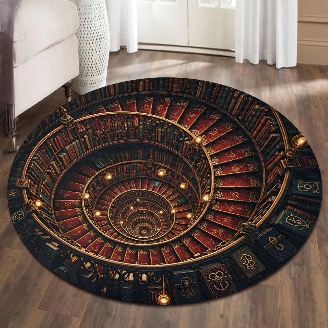 Round rug Enchanted Library Tunnel Illusion Floor Mat for Living Room & Bedroom Round rug Enchanted Library Tunnel Illusion Floor Mat for Living Room & Bedroom