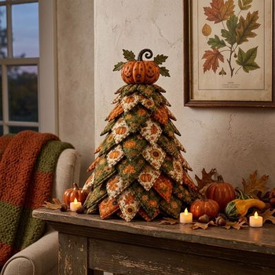 Vintage Black Cat Halloween Quilted Fabric Tree