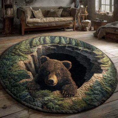 Round rug Bear Cave Illusion Floor Mat for Living Room & Bedroom